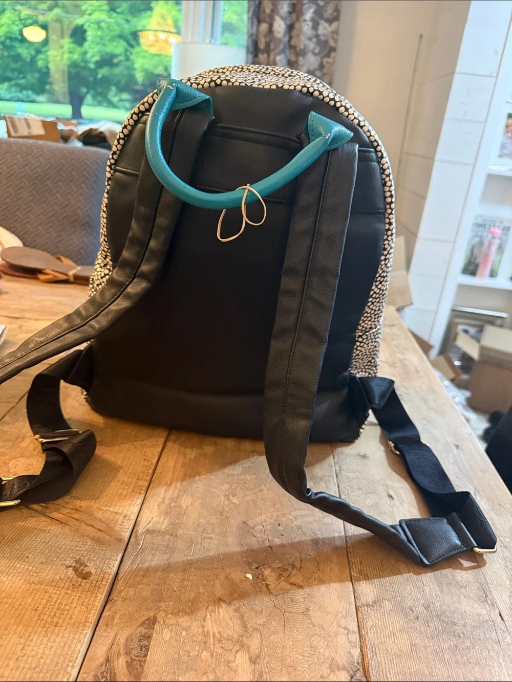 Betsey Johnson Black & White Polka Dot Backpack with Teal Bow